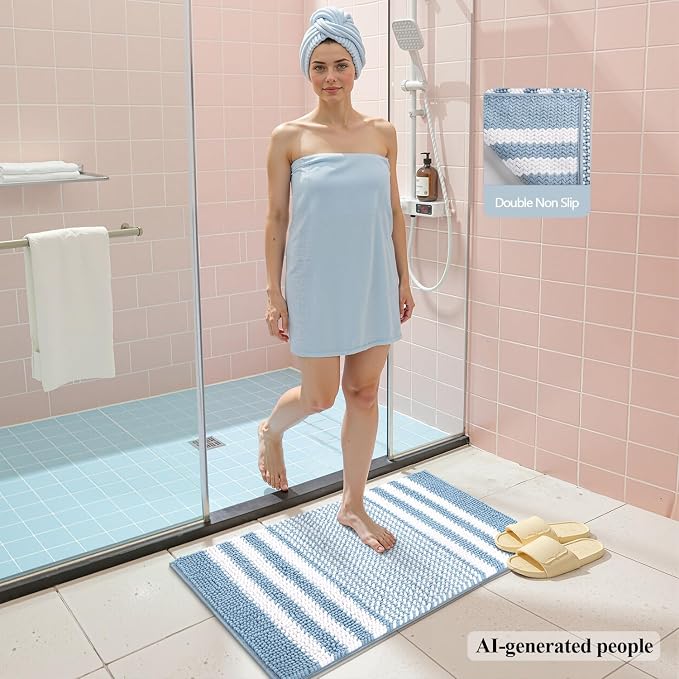 Bathroom Rugs, 20x32 Chenille Bath Mats, Light Blue | Extra Soft Absorbent, Non Slip Striped, Quick Dry Machine Washable, Modern, Shower Rug for Bathroom Bedroom Decor