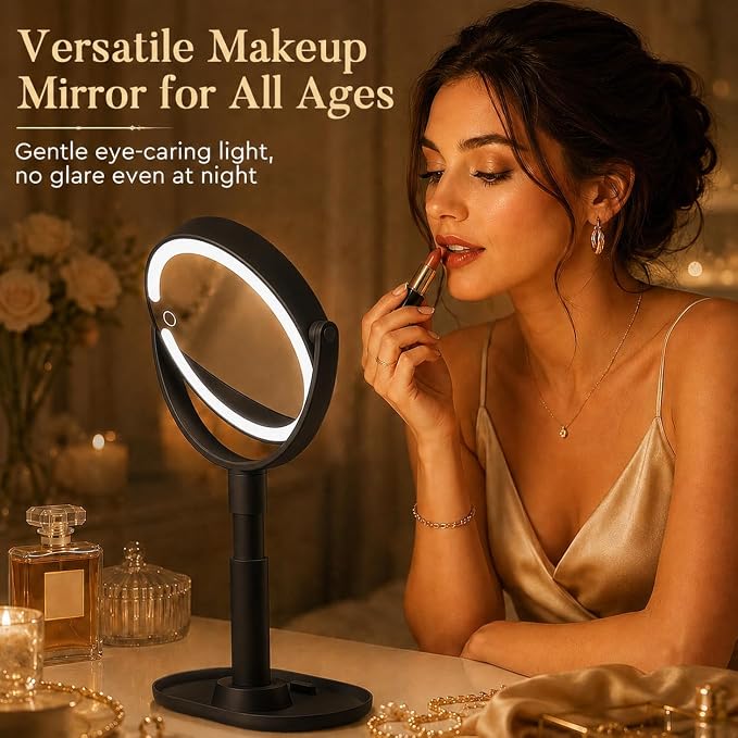 MOMOKUBA Makeup Mirror with Lights, 30X Magnifying Mirrors, Height Adjustable, Vanity Mirror with Lights Rechargeable 3 Color Modes, Double-Sided Detachable Travel Mirrors, Gift for Women, Black/30X