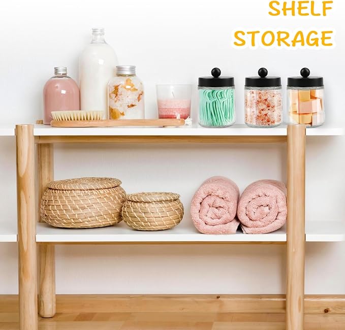 2 Pack Glass Apothecary Jars with Lids for Bathroom, Cute Qtip Holder, Black Bathroom Accessories Set, Small Bathroom Canisters with Lids for Q-Tips, Cotton Swabs, Black Bathhouses Decor