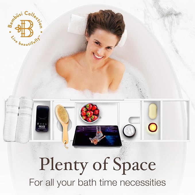 White Bathtub Tray for Tub - Bamboo Bath Tray, Expandable Wooden Bath Caddy Tray with Wine Holder, Book and Tablet Stand, Bathroom Accessories, Tub Table, Bridal Shower Gifts for Women