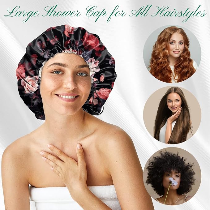 2 PCS Shower Cap Waterproof Double Layer Elastic Adjustable Reusable Hair Bath Caps for Girls Women Cute Aesthetic-Floral 1