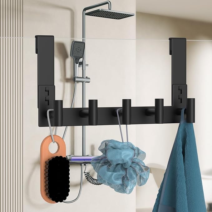 WUIVIUT Over The Shower Wall Hook, Shower Glass Door Hook Frameless fit for 3/8" (10mm) Thick, Towel Hold for Bathroom,Coat Hooks for Robe (T Shape, 5 Hook)