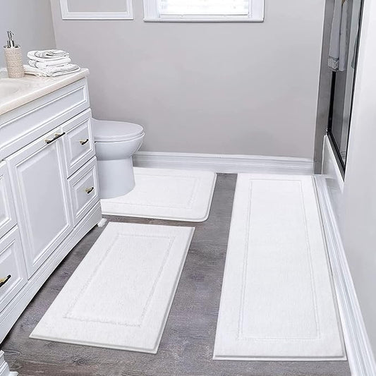 Pauwer Bathroom Rugs 3 Piece Set, Non Slip Washable Bath Mat, White | Soft Plush Microfiber, Super Absorbent Floor Carpet, U Shaped Toilet Mats, Quick Dry, Shaggy Shower Rugs Runners