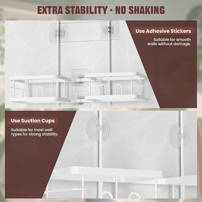 REINHARDT Adjustable Shower Caddy Hanging for Handheld Showerheads, White | Patented Shower Organizer, Rustproof, 40lbs Capacity, Anti-Swing, Tool-Free, Suction Cups, 8 Hooks, Soap & Toothbrush Holder