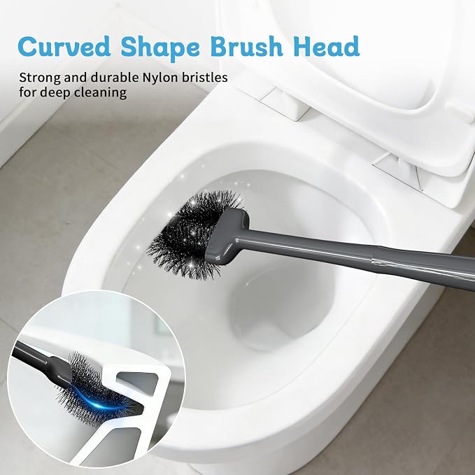 Sellemer Toilet Brush and Plunger Set, Curved Head for Deep Cleaning, Grey | Brush and Plunger set, Curved Nylon Bristles for Deep Clean, Strong Suction Plunger, Ventilated Holder for Quickly Air Dry