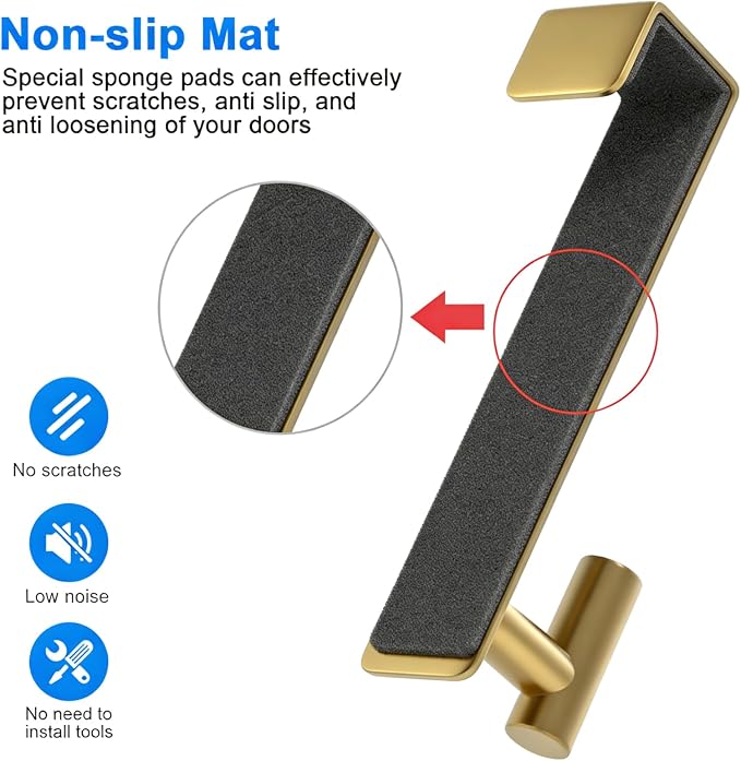 PMMASTO 2-Pack Over The Door Hooks - Rustproof Stainless Steel Door Hangers for 1-3/4 Inch Doors, Non-Marking and Tool-Free Easy Install (Gold, T Shape)