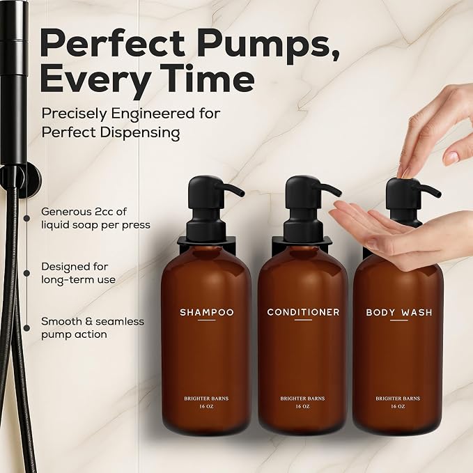 Amber Shampoo and Conditioner Dispenser Set Wall Mounted by Brighter Barns - Plastic Shower Dispenser Set - 3 Chamber Drill Free Shampoo Bottles - Modern Bathroom Decor for Guest Bathroom, Spa (Amber)