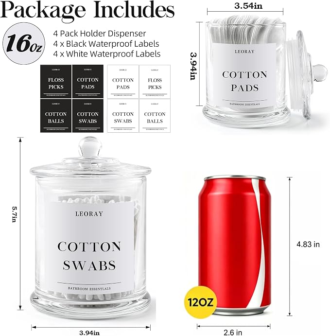 LEORAY 4 Pack Glass Qtip Holder Dispenser with Lids, Airtight Waterproof Apothecary Jars, 16 Oz Vanity Organizer Bathroom Canisters for Cotton Swabs, Balls, Pads, Floss Picks, Transparent