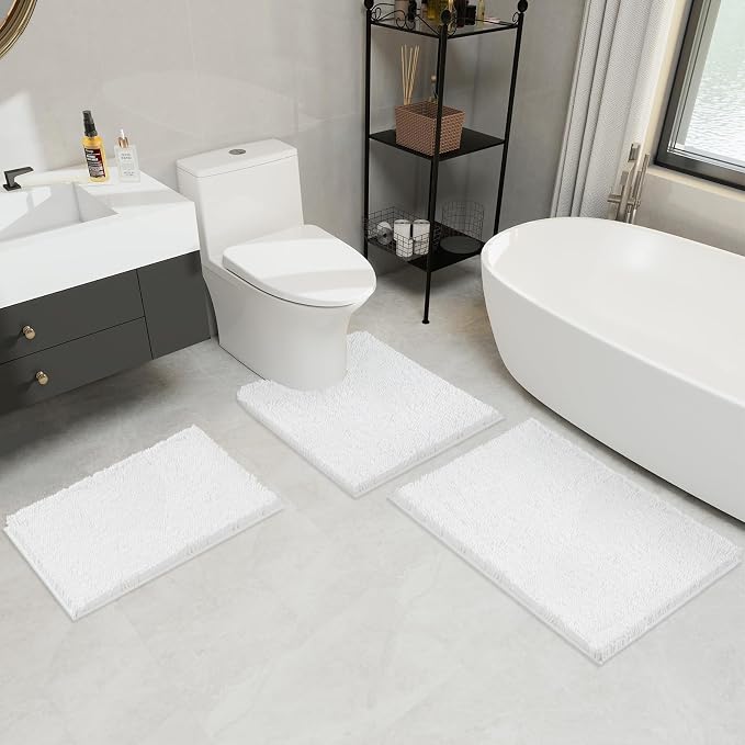 LINLA 3 Pieces Bathroom Rug Set, Absorbent Non Slip Chenille Bath mat | Absorbent Thick Plush Chenille Carpet Mats Set,Washable Dry Quickly with U-Shaped Toilet Mat for Tub, Shower