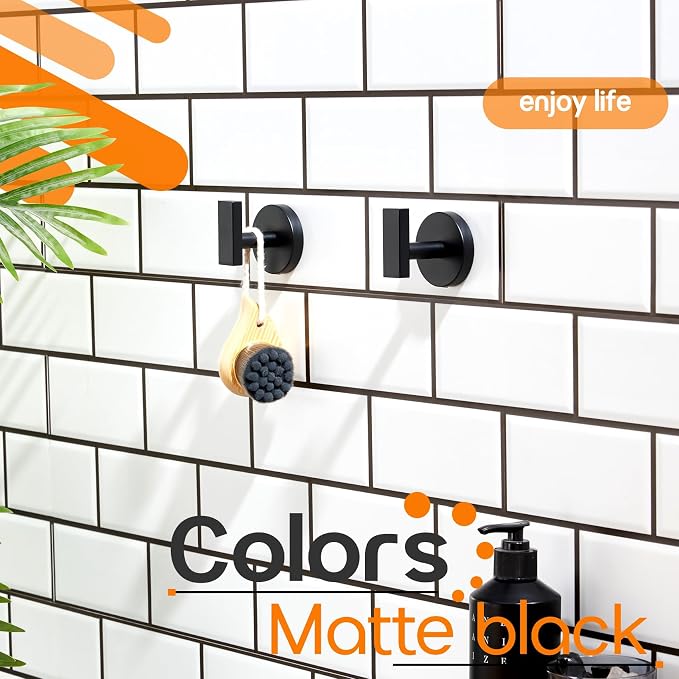 Robe Hook Matte Black Bath Towel Hooks Stainless Steel Wall Hooks for Bathroom Kitchen Closet Garage Door Hanger 2 Pack, AN1001MB-P2