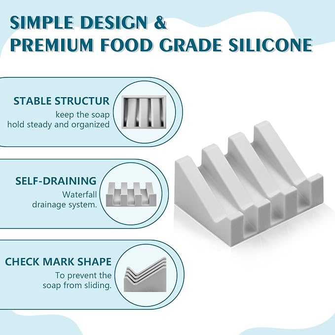 Self Draining Soap Dish Holder,Silicone Soap Dish,for Bathroom,Kitchen, Sponges，Can Extend Soap Life，Keep Soap Bars Dry and Easy Cleaning (N-Light Grey,4-Pack)