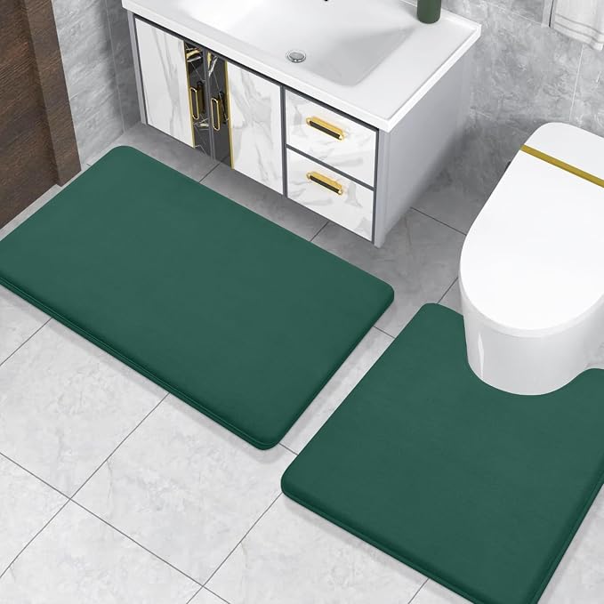 Smiry Memory Foam Toilet Rugs 24x20, Extra Soft Absorbent Bathroom Rugs | Green, Quick Dry Machine Washable Non-Slip Contour Bath Mat for Toilet