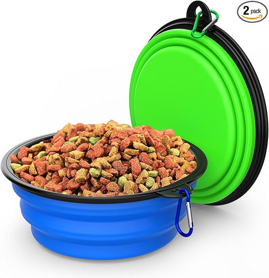 2 Pack Collapsible Dog Bowl Travel Portable Pet Bowls [20oz,600ml],Expandable Foldable Food Water Feeding Dishes for Traveling Hiking Walking,with Carabiners [Green,Blue]