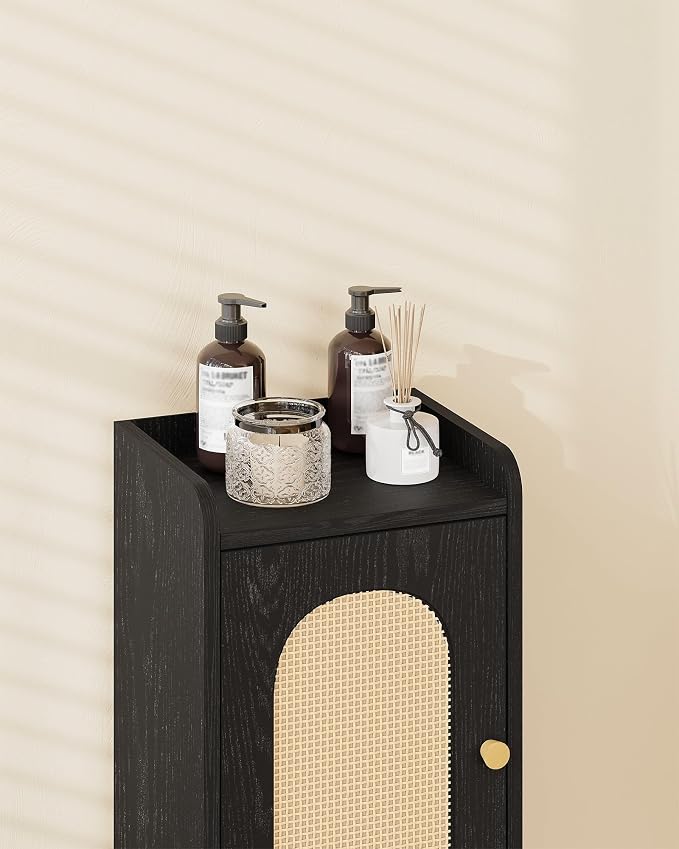 Hzuaneri Bathroom Storage Cabinet, Small Corner Floor Cabinet with 2 Doors and Adjustable Shelf, Narrow Toilet Paper Cabinets, Bathroom Organizer for Small Spaces, 7.9" D x 9.8" W x 29.5" Rattan Black