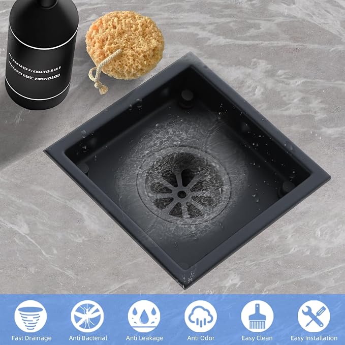 4-Inch Square Shower Drain, Matte Black Floor Drain with Flange, 304 Stainless Steel Bathroom 2-in-1 Tile Drain