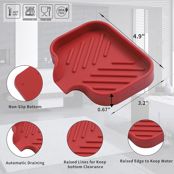 MicoYang Silicone Soap Dish with Drain Spout, Self-Draining Sink Organizer Tray for Bathroom and Kitchen, Sponges, Dispensers and Soap Holder, Non-Slip and Dishwasher Safe, Red (Compact, 4.9"×3.2")