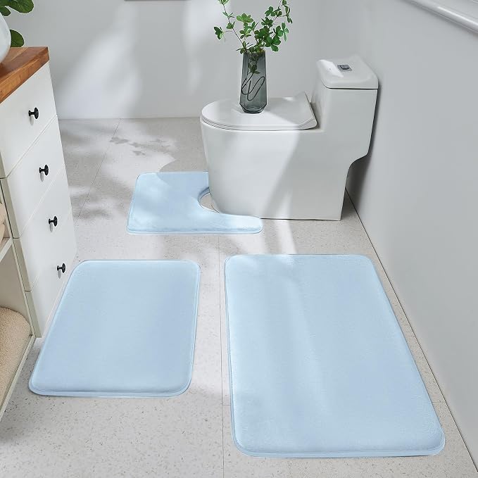 HUXMEYSON 3-Piece Memory Foam Bathroom Rug Set, Light Blue | Quick Dry Velvet Surface, Non-Slip & PVC Backing, Ultra Soft Bath Rugs for Bathroom, 17"x24"+20"x32"+U Shape 20"x24"