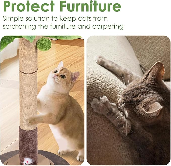 35" Sisal Rope Cat Scratching Post, Palm Leaf Cat Tree with Hanging Ball & Mouse Toy for Kittens & Adult Indoor Cats