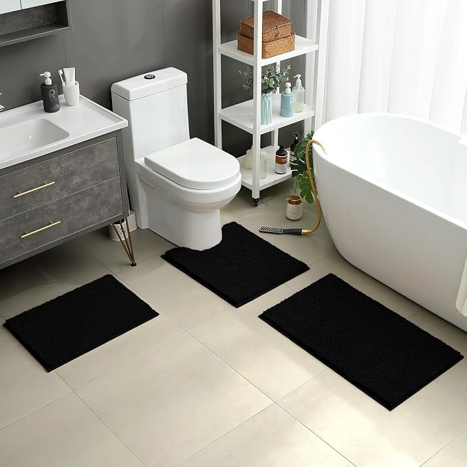 HOMEIDEAS Black Chenille Bathroom Rugs Set of 3, Non Slip Bath Mat | Super Absorbent, Soft Microfiber, Machine Washable, Stain Resistant, for Bathroom Decor