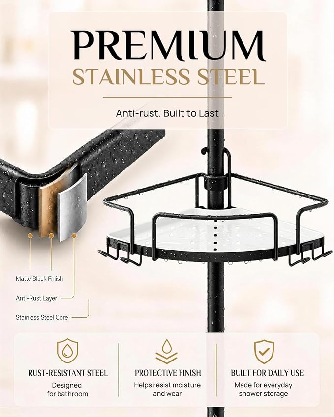 ALLZONE Corner Shower Caddy Tension Pole, 4 Hang-On Basket with Mixed-Height Shelves for Various Bottle Sizes, Extra Hooks & Soap Holder, Rustproof Stainless Steel, Fits 34–116 Inch, Black/White