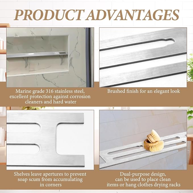 Teenyyou 1 Pcs 316 Stainless Steel Shower Niche Shelf Insert - 3mm Ultra-Thin Brushed Metal Divider for 12" Prefabricated Niches, Marine Grade Floating Shelf for Bathroom Tile Remodel & Storage