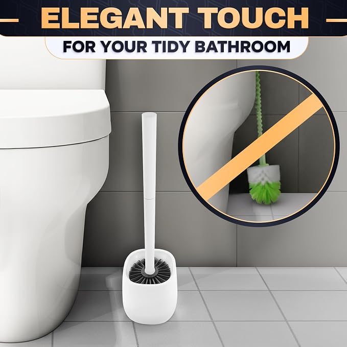 Toilet Brush and Holder Set - Silicone Toilet Bowl Brush with White Holder Base, Compact Bath Accessory for Small Spaces - Easy to Place and Simple to Store After Use, Plastic Bathroom Cleaning Tool