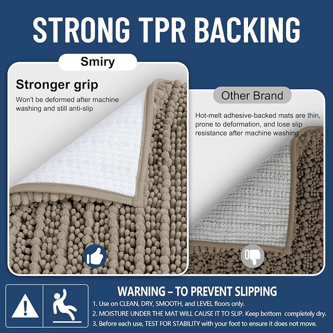 Smiry Bathroom Rugs 48X32, Extra Soft Rubber Backing Chenille Bath Mats | Latte Machine Washable Non Slip Quick Dry Bath Mats for Bathroom Floor, Tub, Shower, Home Decor Accessories