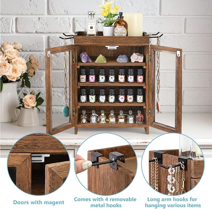 Ikee Design Small Wooden Countertop Storage Cabinet with Adjustable Shelves and Removable Hooks, Perfect for Perfume, Pantry, Essential Oil, 10.4W x 6.1D x 14.4H in, Brown
