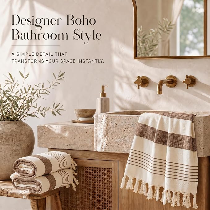 KIBAGA Decorative Hand Towels for Your Bathroom Or Kitchen - Luxurious Set of 2 Soft Boho Cotton Towels are Absorbent, Lightweight & Dry Quickly - Perfect to Elevate Any Bath Decoration at Home