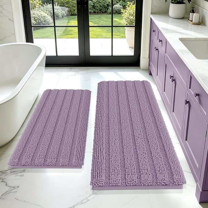 ACCUMTEK Striped Lavender Bathroom Rug Mat Set 2 piece 24"x17"+48"x20" Ultra Soft, Non Slip Chenille Bath Rugs, Absorbent Plush Shaggy Bath Mats for Bathroom, Bedroom, Kitchen, Shower, Tub