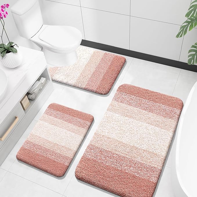 OLANLY Microfiber Bathroom Rugs Sets 3 Piece, 36"x24"+24"x16"+24"x20" | Peach, Soft Absorbent Bath Mats and U-Shaped Contour Toilet Rug, Plush Shaggy Bath Mat Set for Bathroom