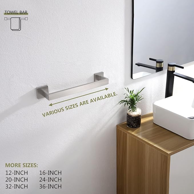 KOKOSIRI 12-Inch Single Towel Bar, Bathroom Kitchen Towel Holder, Wall Mounted SUS304 Stainless Steel Towel Rack, Brushed Nickel, B4003BR-L12