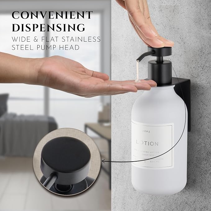 Shower Shampoo Dispenser Wall Mounted – Refillable 16.9 oz White Bottle with Stainless Steel Pump & No-Drill Adhesive Holder – Soap Dispenser for Bathroom (1 X White/Black)