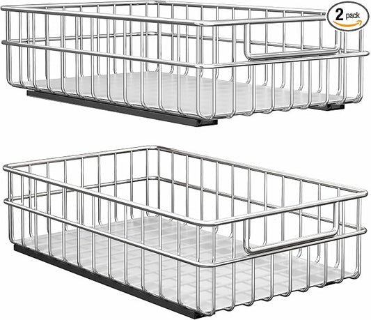 Pull out Cabinet Organizer, Stainless Steel 2-Pack (9.8"W x 16.5"D) Full-Extension Slide out Drawer, Adhesive Roll out Can Spice Storage Basket Shelf Rack for Pantry, Kitchen, Bathroom, Home Closet