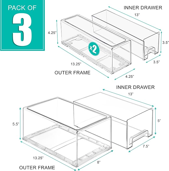 Sorbus 1 Large and 2 Small Clear Stackable Storage Drawers, Plastic Storage Drawers with Handles, Craft, Clothes, Medicine, Makeup, Closet, Art Supply, Bathroom, Shoe, Toy Storage Organizer (3 Pack)