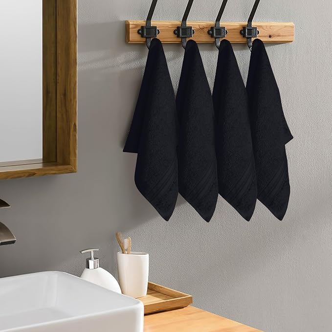 BOUTIQUO Ultra Soft Cotton Washcloths, Contains 12 Piece Face Cloths 12x12 inch, Ideal for Everyday use Face Towels, Compact & Lightweight Multi Purpose Washcloths - Black