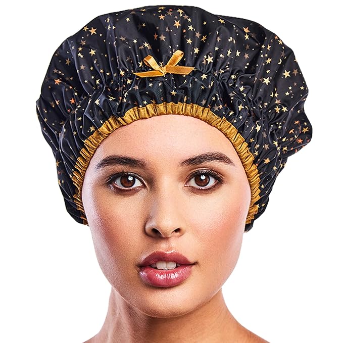 Betty Dain Fashionista Reusable Shower Cap, Starry Nights | Oversized Waterproof PEVA Lined Bath Cap for All Hair Lengths, Elastic Stretch Hem Hair Hat