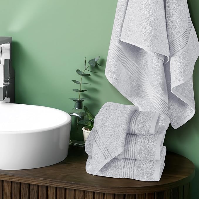 Ultra Soft 6 Pack Cotton Towel Set, Contains 2 Bath Towels 28x55 inch, 2 Hand Towels 16x24 inch & 2 Wash Coths 12x12 inch, Ideal for Everyday use, Compact & Lightweight - Light Grey