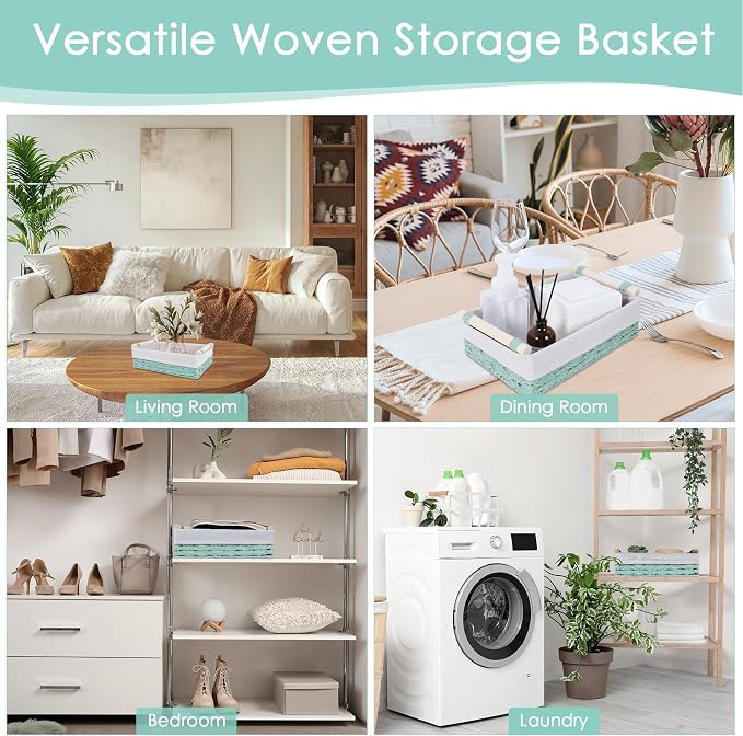 Wicker Storage Basket with Wooden Handle – Paper Rope Decorative Toilet Paper Baskets & Bathroom Organizer for Toilet Tank Top, Shelves, Bedroom, Countertop,Home,Office Storage Bins, 2 Pack,Mint Green