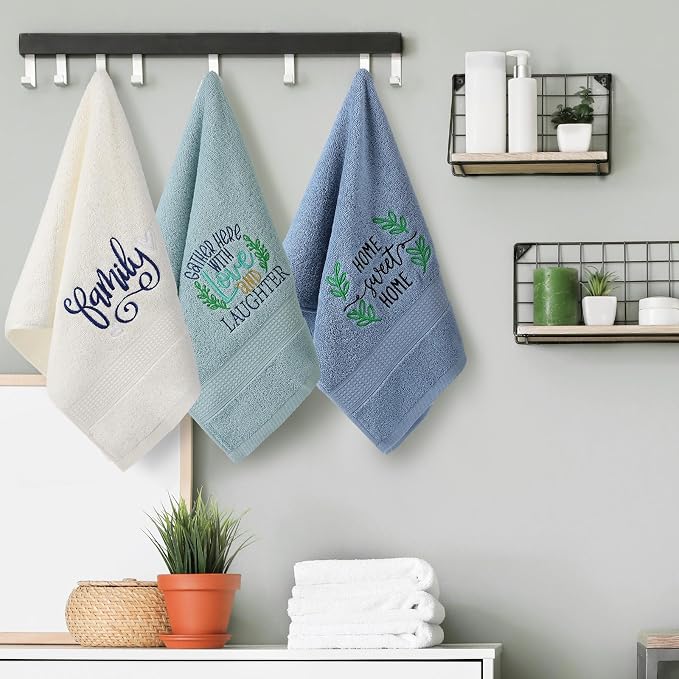 3 Pcs Hand Towels Bathroom Set,Blue,Home, Love, Family | Embroidered Cotton Farmhouse Towels, Kitchen Decor, Rustic Boho Decorative with Text Labels, Guest Bath Home