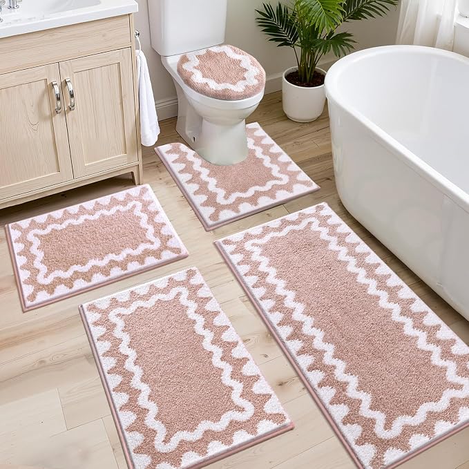 Findosom Bathroom Rugs Sets 5 Piece, Absorbent Soft Non-Slip Bath Rug Set | Washable Microfiber Shaggy Bath Mat Set with Bathroom Runner Rug, U-Shaped Toilet Rugs, Shower Rug & Toilet Lid Cover, Pink