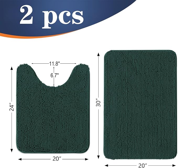OLANLY Chenille Bathroom Rugs Sets 2 Piece, 30"x20"+24"x20", Blackish Green | Soft Absorbent Bath Mat and U-Shaped Contour Toilet Rug Set, Quick Dry, Machine Washable Bath Carpet, Home Decor Accessories