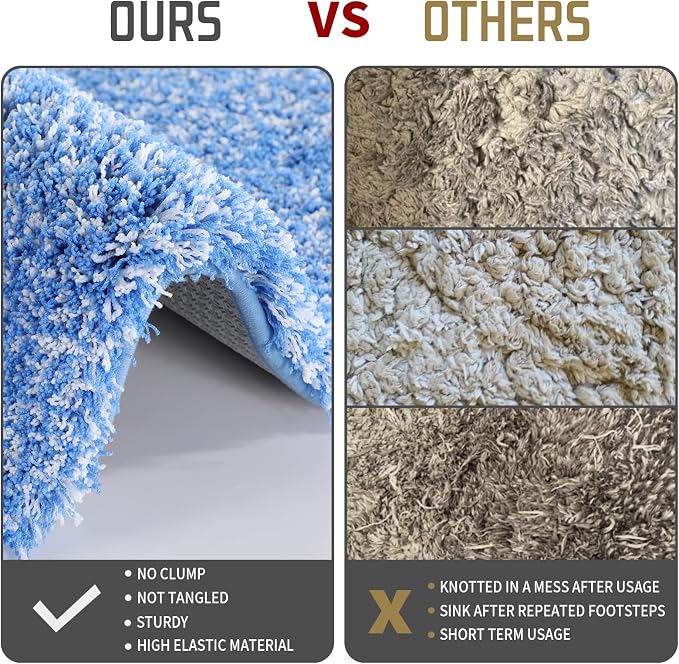 Yimobra Toilet Rugs U Shaped Washable 24X20, Ultra Soft and Water Absorbent Bath Mats, Non Slip Fluffy Shaggy Luxury Microfiber Contour Bath Rugs for Toilet, Dry Quick, Blue and White