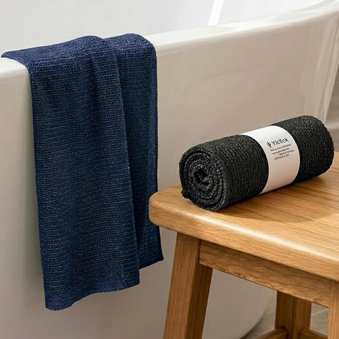 Exfoliating Body Scrubber, Back Scrubber for Shower Bath, Japanese Scrub Wash Cloth, Exfoliating Washcloth Towel for Men Women, Body Exfoliator Loofah Luffa Sponge (Molan+Black)