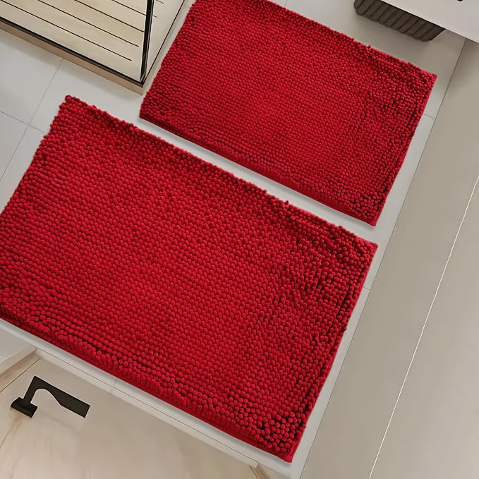 Bathroom Rugs Sets 2 Piece,Super Absorbent Soft,Thick,Machine Washable Chenille Bath Mat,Non Slip Toilet Floor Rug,Bath Mats for Bathroom,16x24 Plus 20x32 Shape,Red