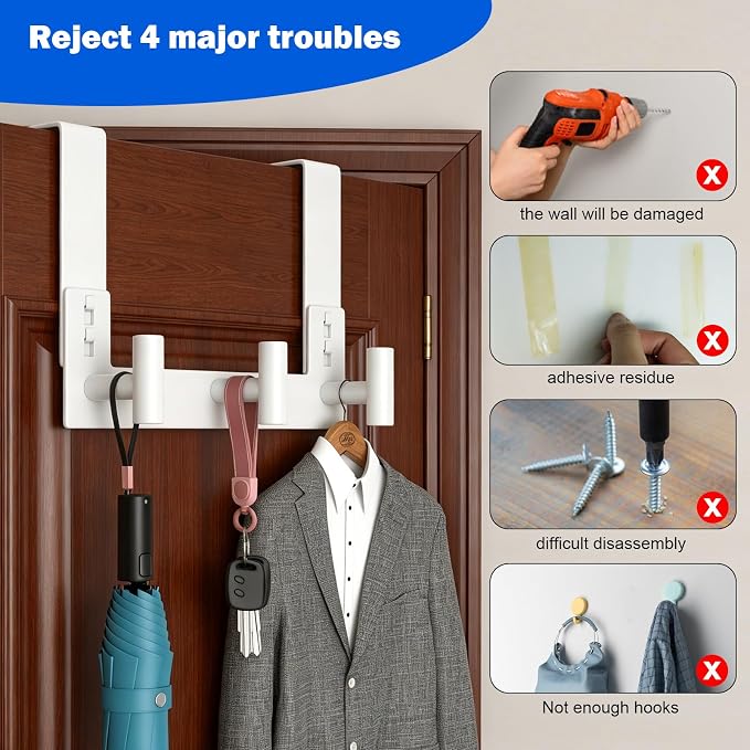 PMMASTO Over The Door Hooks, Fits 1-3/4" Thick Door No Drill Hooks for Closet Bathroom Bedroom Organization, Hanger for Coat Towel Robe (White, 3 T-Hooks)