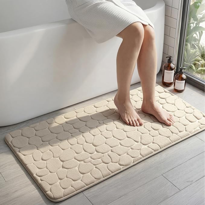 YIHOUSE Memory Foam Runner Rug, Cobblestone Bathroom Runner Rugs Super Water Absorbent Bath Mats for Bathroom Machine Washable Bath Rugs for Hallway Bedroom Laundry Room(24 x47,Khaki)