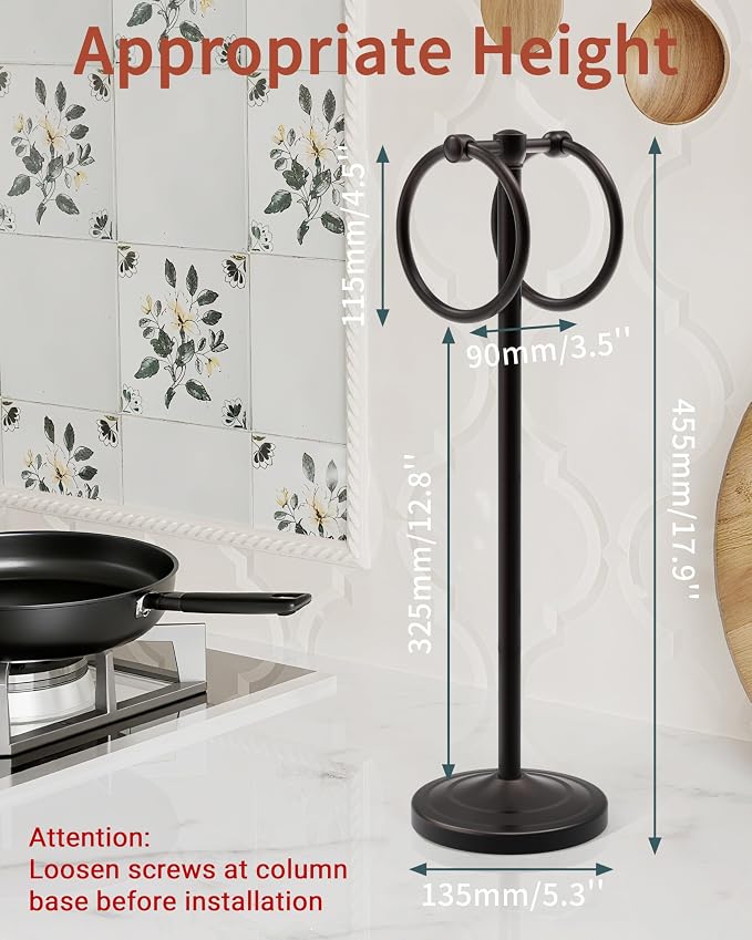 18" Hand Towel Holder Stand, Stainless Steel Free Standing Towel Rack Bar,Double Ring Towel Hanger with Weighted Base, Towel Hardware for Bathroom Vanity Kitchen Countertops(Oil Rubbed Bronze)