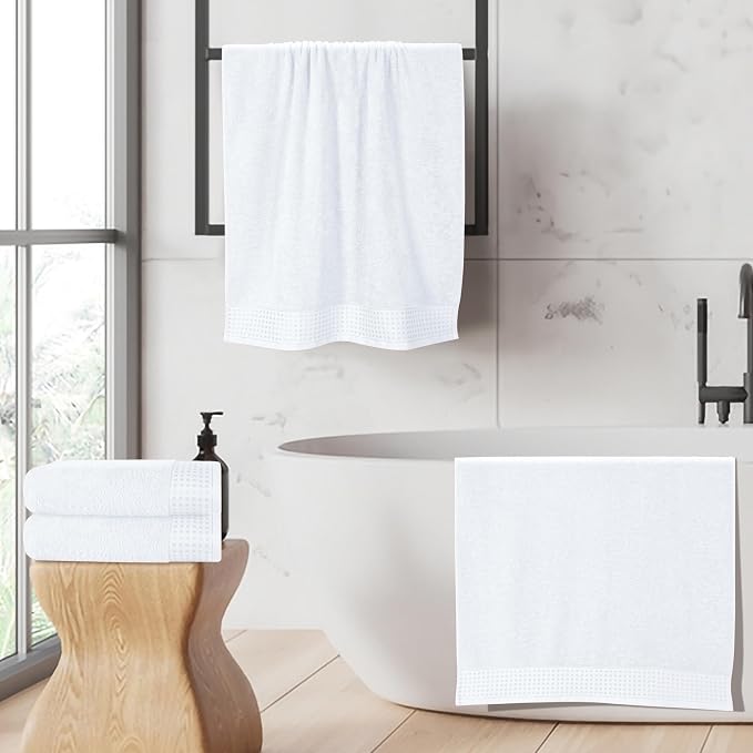GLAMBURG Ultra Soft 4 Pack Oversized Bath Towel Set 27x54 inches, 100% Cotton Bath Towels, Highly Absorbant Compact Quickdry & Lightweight Towel, Ideal for Gym Travel Camp Pool - White