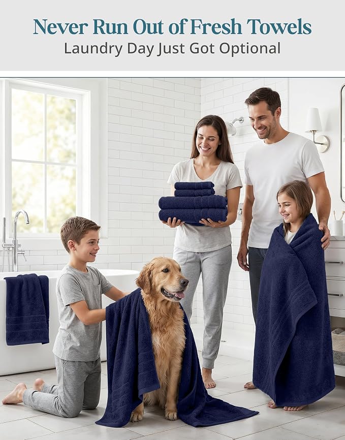 Casa Platino Bath Towel Set 100% Cotton 24 Piece Soft Absorbent - Navy | Bath Towel Sets For Bathroom - Densely Woven, Coordinated Colors, Dobby Border Accent, OEKO-TEX Certified, Ring-Spun Cotton